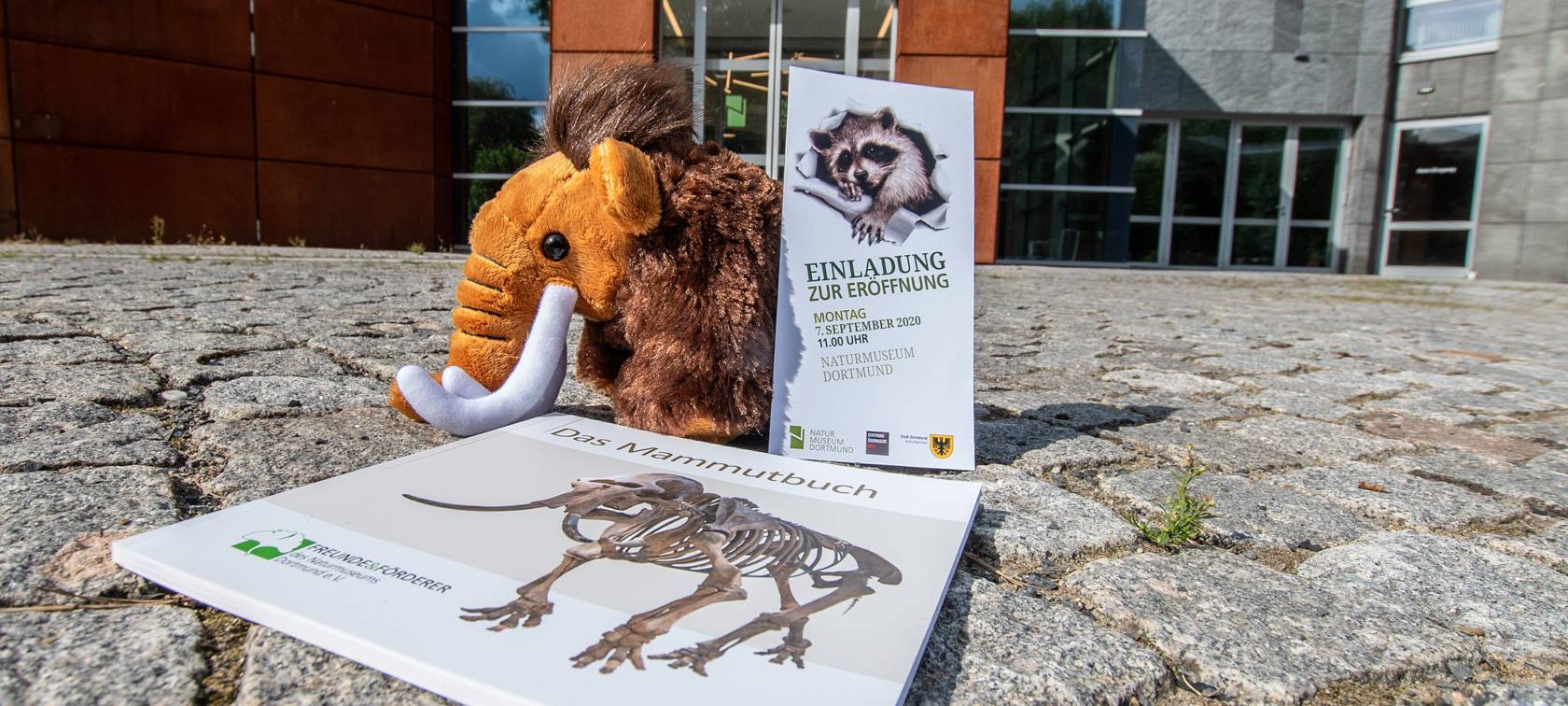 Der neue Eingang des Naturmuseums und Mammut-Stofftier