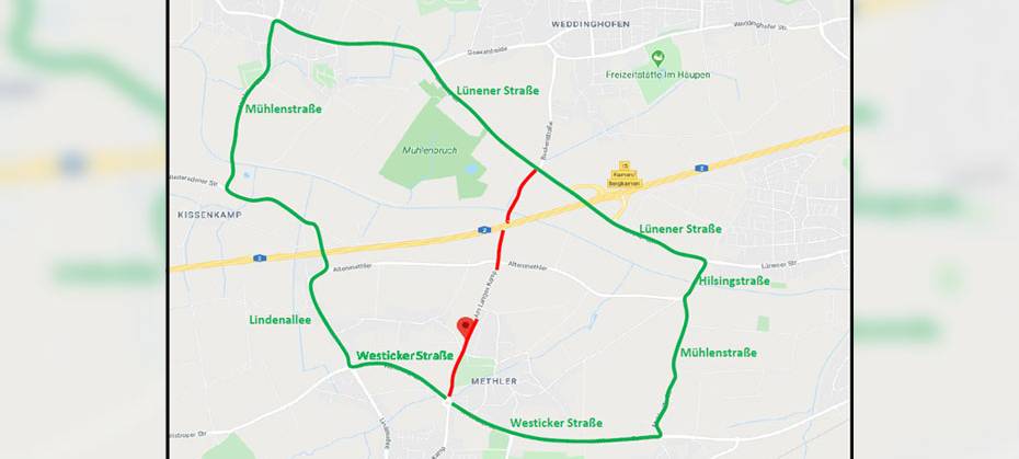 Umleitungsempfehlung zu den Bauarbeiten "Am Langen Kamp" in Kamen