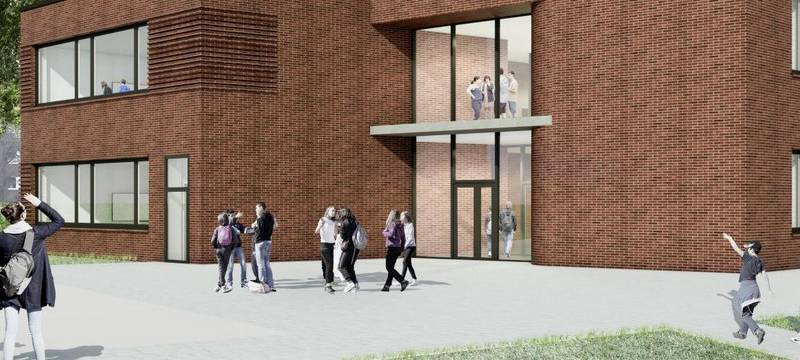 Zweigeschossig und geklinkert: So soll der Neubau auf dem Gelände des Freiherr-vom-Stein-Gymnasiums aussehen. | Visualisierung: Schreiter Architekten