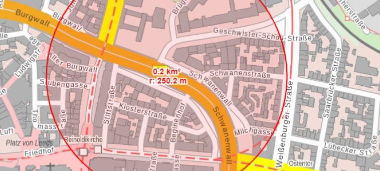 Bombenfundort und möglicher Evakuierungsradius am Schwanenwall.