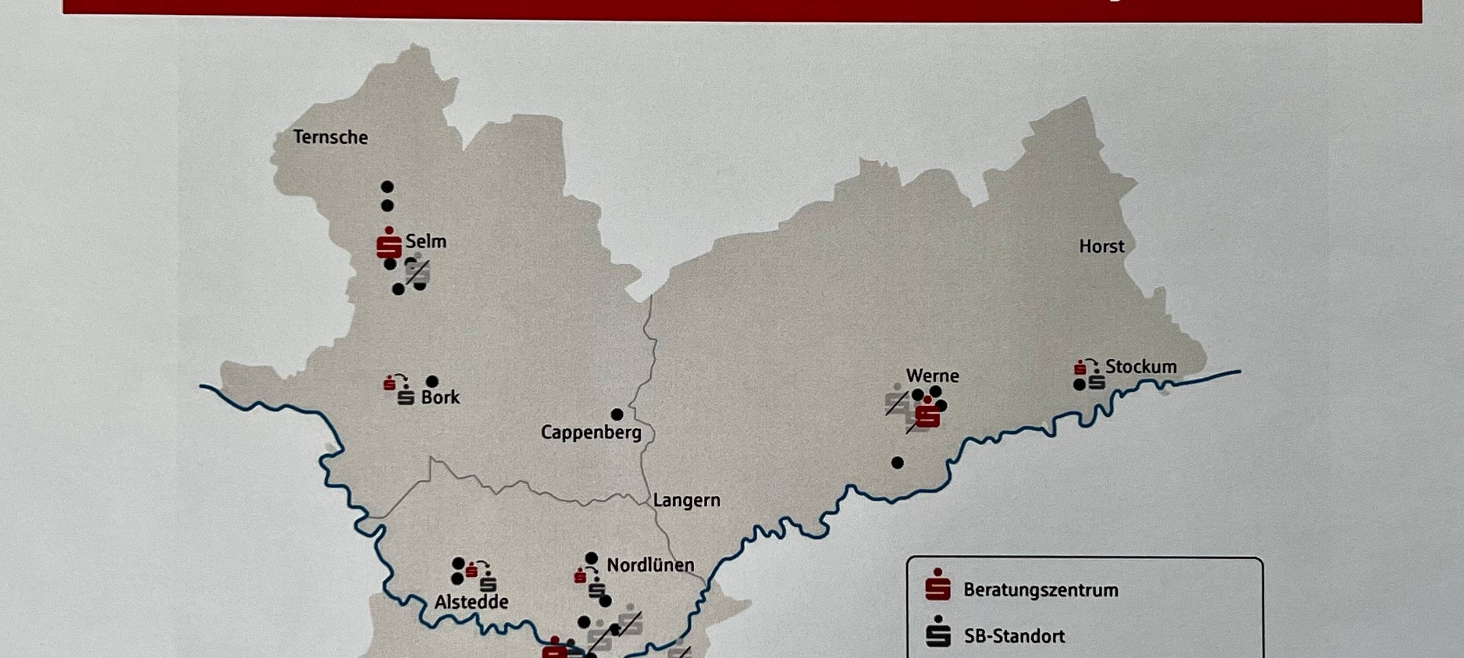 Eine Übersicht der geplanten Veränderungen bei der Sparkasse an der Lippe für Lünen, Werne und Selm bis Ende 2025.