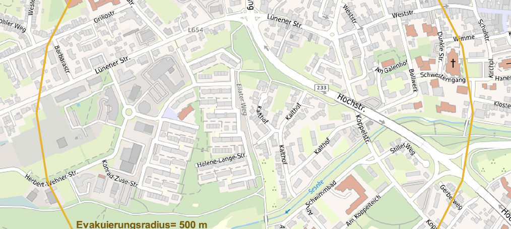 Die Karte zeigt den 500-Meter-Radius bei einer möglichen Evakuierung.