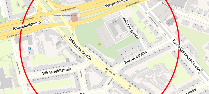 Der Evakuierungsradius nach dem Bombenfund in der Dortmunder Innenstadt.